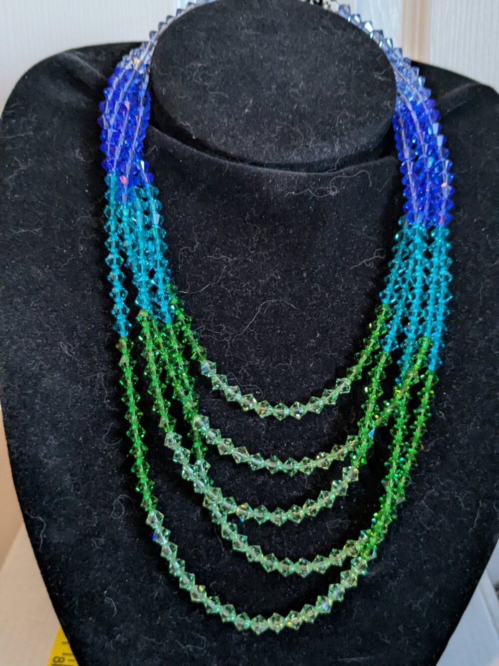 Vintage Blue Green Ombre Multi-Strand Crystal Necklace Ornate Box Clasp
